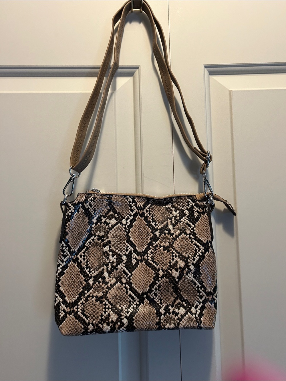 Snake-Print Crossbody Bag in Beige and Black